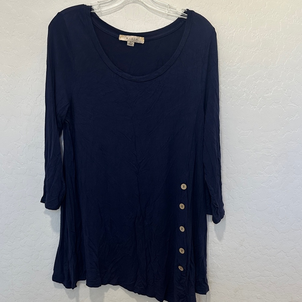 Misia Navy Tunic Button Blue Long Sleeve Button Asymmetrical Hem Blouse Top XL